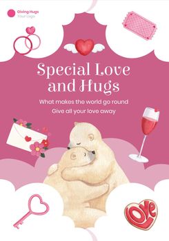 Poster template with big love hug valentines day concept,watercolor style