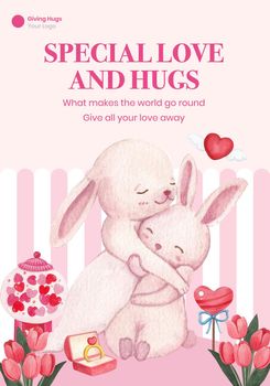 Poster template with big love hug valentines day concept,watercolor style
