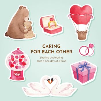 Sticker template with big love hug valentines day concept,watercolor style
