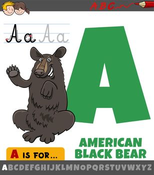 letter A from alphabet with cartoon American black bear