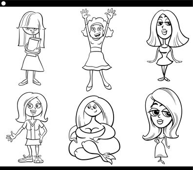 cartoon girls and women comic characters set
