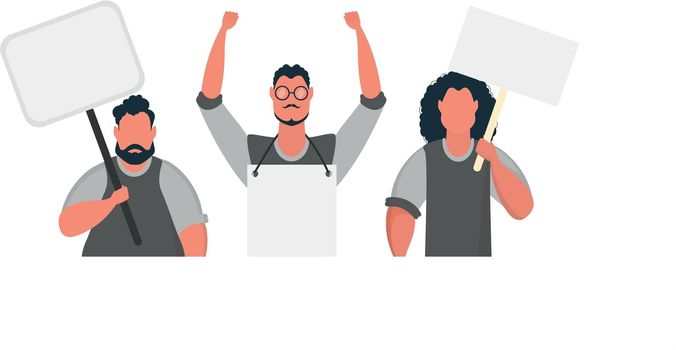 Protesting men with a banner. Strike concept. Vector illustration.