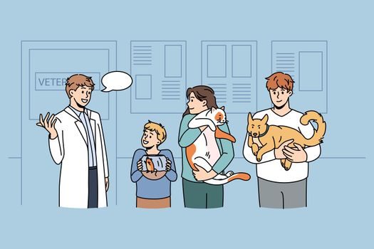 Working as veterinarian with animals concept. Young smiling doctor veterinarian standing and greeting clients with mouse cat and dog on clinic vector illustration