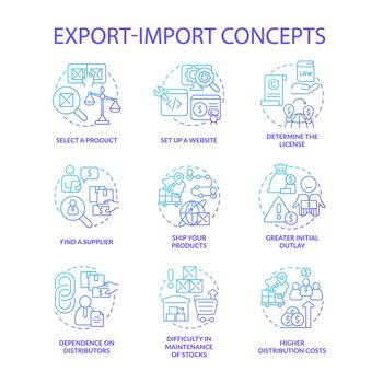Export and import business blue gradient concept icons set