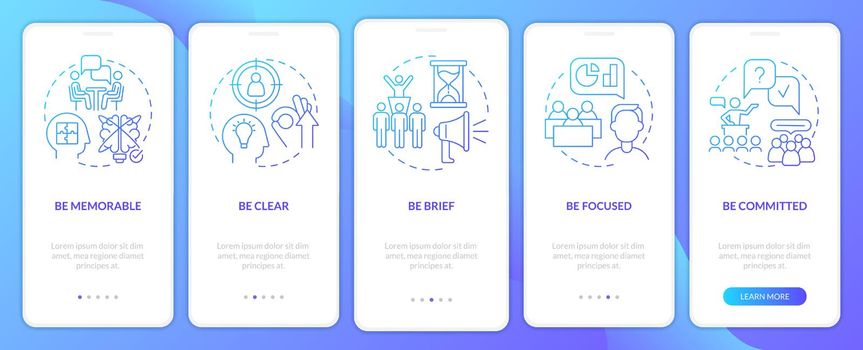 Business communication policy blue gradient onboarding mobile app screen. Walkthrough 5 steps graphic instructions pages with linear concepts. UI, UX, GUI template. Myriad Pro-Bold, Regular fonts used