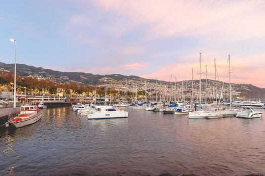 Funchal marina in the evening where people gather to watch the new year fireworks