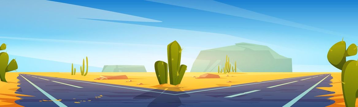 Road fork in desert with sand and cacti, highway