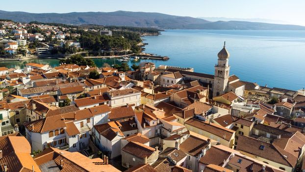 Aerial view of historic Adriatic town of Krk , Island of Krk, Kvarner bay of Adriatic sea, Croatia, Europe
