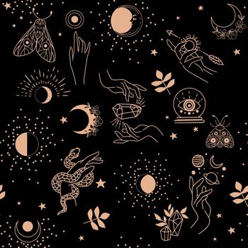 Seamless pattern of magic attributes gold on a black background