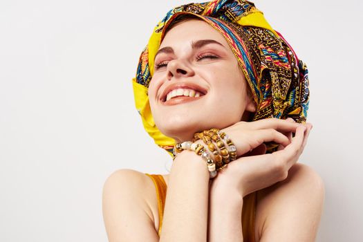 pretty woman multicolored turban ethnicity fashion posing