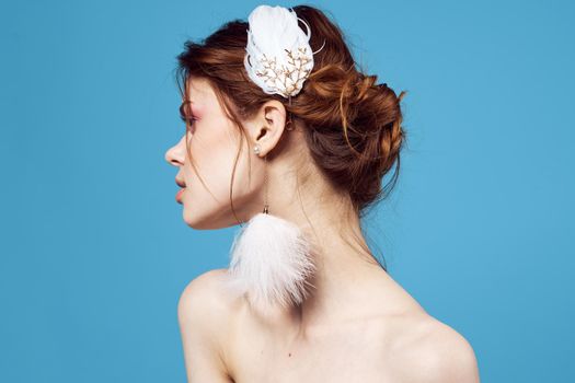 pretty woman bare shoulders fluffy earrings jewelry luxury cosmetics