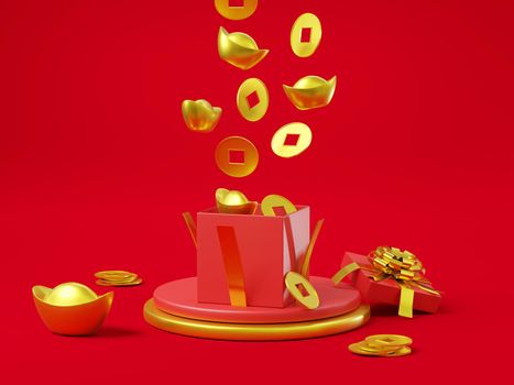 Chinese new year day festival concept. Display podium cylinder, Gold wealth coins and ingot fall off to opened red gift box