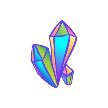 Hand drawn crystal gems. Geometric shiny gemstone symbol. Colorful gradient. Isolated vector illustration. Rainbow colors.