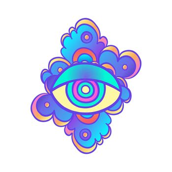 Hippie eye. Psychedelic hallucination. Vibrant vector illustration. Magic fairy face, nebula make up with stars. Hand-drawn Eye of Providence. Alchemy, religion, spirituality.