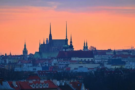 Brno city in the Czech Republic. Europe.Petrov - Cathedral of Saints Peter and Paul. Beautiful old architecture and a popular tourist destination. Landscape in sunset.
