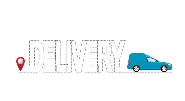 The inscription delivery by a dotted line in the form of a route with a starting point and a delivery vehicle. Delivery concept.