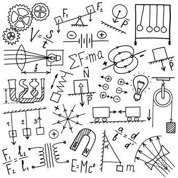 Phisics symbols icon set. Science subject doodle design. Education and study concept. Back to school sketchy background for notebook, not pad, sketchbook. Hand drawn illustration.