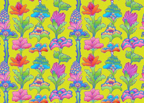 Floral colorful seamless pattern, retro 60s, hippie style background. Vintage psychedelic textile, fabric, wrapping, wallpaper. Vector illustration.