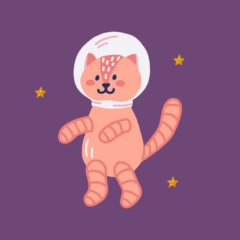 Cosmonaut cat with an aquarium on his head, vector flat illustration in hand drawn style