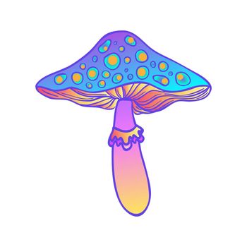 Magic mushrooms. Psychedelic hallucination. Vibrant vector illustration isolated on white. 60s hippie colorful art in vivid acid colors.