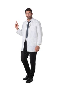 Male doctor in coat pointing finger up