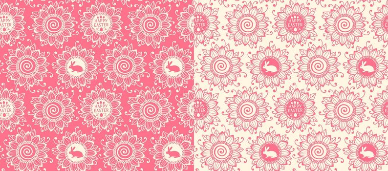 Pink Sunflowers and Bunny, Easter eggs seamless pattern. Vector illustration for wrapping paper, fabric,cloth.