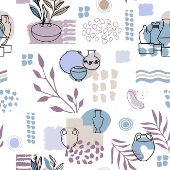Abstract pattern with plants, pitchers, pots, spots and shapes.