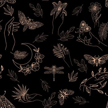 Background of leaves, hands, butterflies and dragonflies, gold on a black background