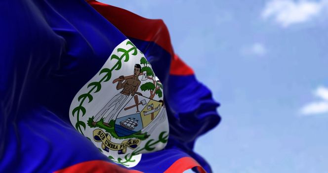 Detail of the national flag of Belize waving in the wind on a clear day