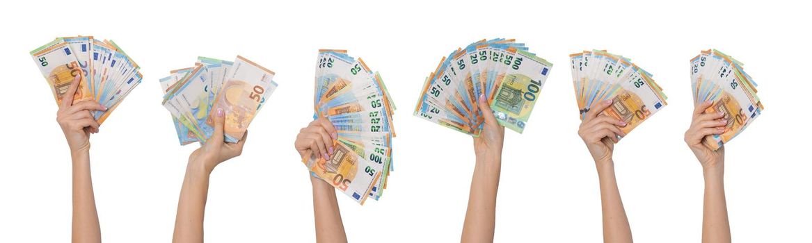 Hands holding euro cash money banknotes isolated on white background.