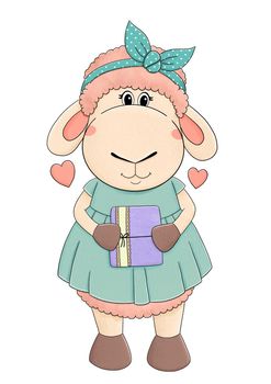 Cute sheep in dress with small gift