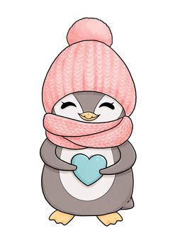 Cute baby penguin in pink hat and scarf