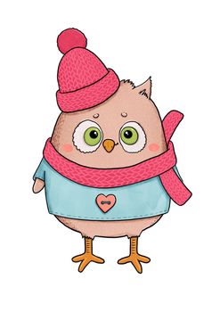 Cute owl in pink hat and scarf