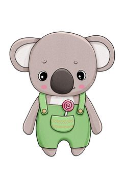 Adorable baby koala in green overall with lollipop