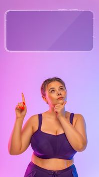 Mobile App Advertisement Template. Woman Showing On Smartphone Screen On Purple Studio Background. Girl on Ads Mockup.