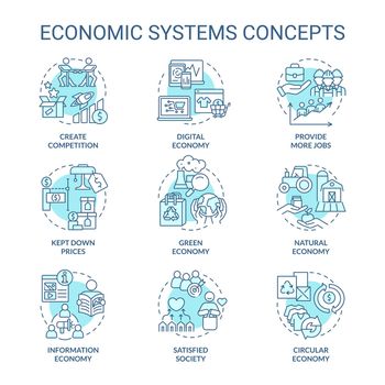 Economic systems turquoise concept icons set