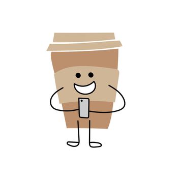 Cartoon coffee cup holding a smartphone. Take away coffee. Happy cup of coffee