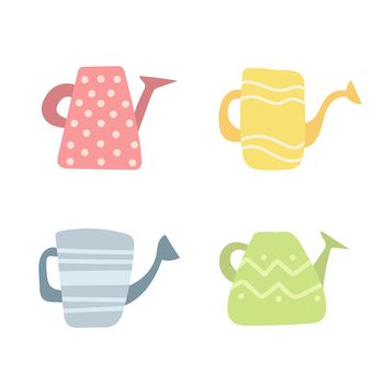 Decorated watering can or pot set isolated on white. Flat cartoon vector