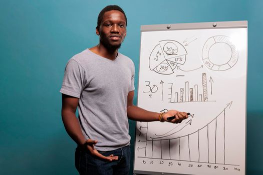 Confident worker using whiteboard to make business presentation