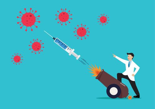 Doctor fighting with coronavirus by syringe shot from explosive cannon