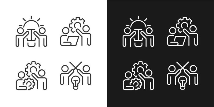 Successful teamwork pixel perfect linear icons set for dark, light mode