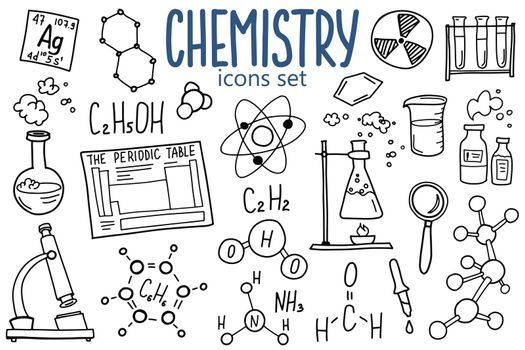 Chemistry symbols icon set. Science subject doodle design. Education and study concept. Back to school sketchy background for notebook, not pad, sketchbook.