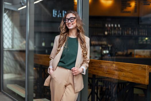 Business Woman Restaurant Owner Dressed Elegant Pantsuit Standing Near Restaurant Big Window
