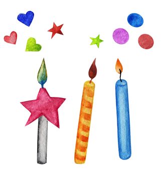 3 candles with burning flame stars hearts confetti.