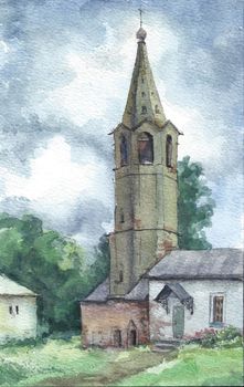 Bell tower in Russia, grey day, watercolor