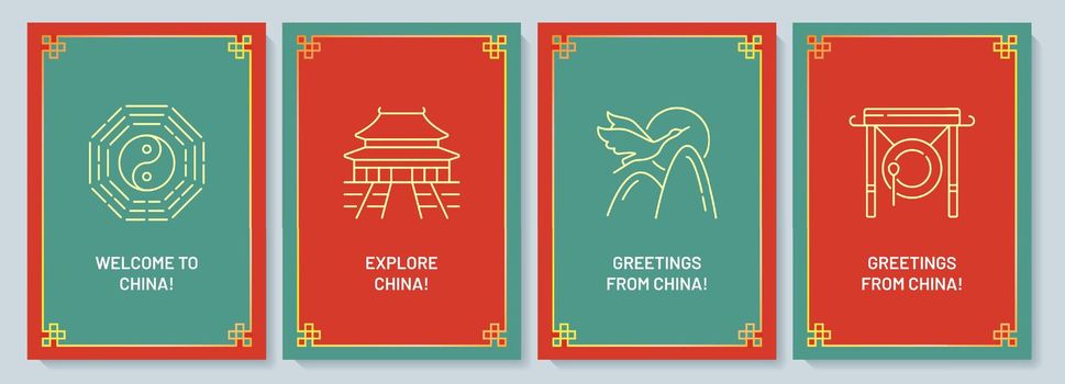 With love from China postcard with linear glyph icon set