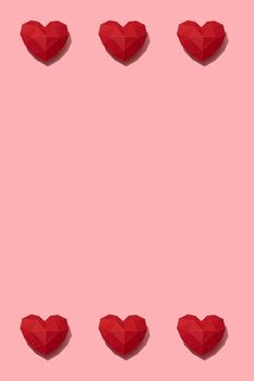 Red paper hearts isolated on pink background, pattern