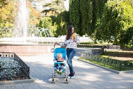 Young mother walking and pushing a stroller in the park.