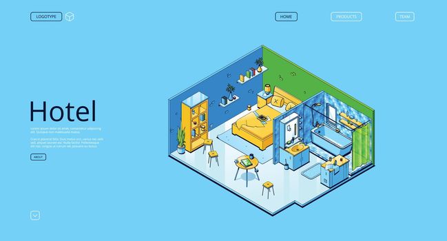 Hotel isometric landing page, accommodation room