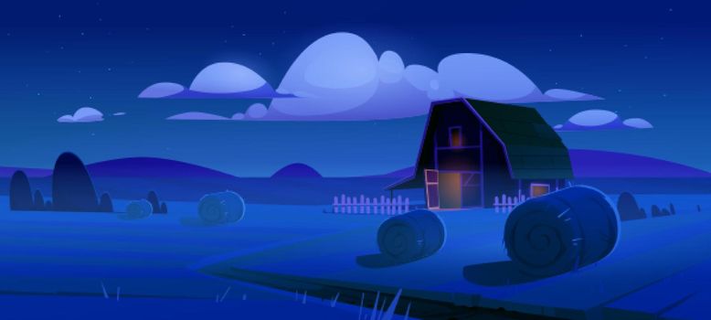 Rural landscape with hay bales on agriculture field and farm barn at night. Vector cartoon illustration of countryside, farmland with round wheat straw rolls and granary